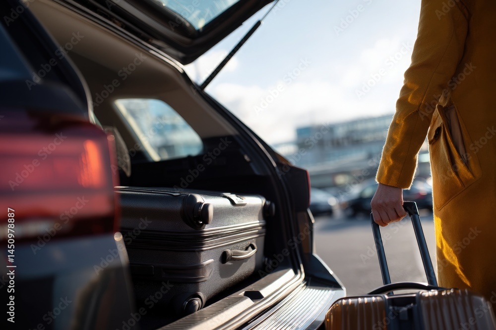 A person wearing a bright coat pulls a suitcase from the trunk of a car parked in an airport lot. The sun is shining, creating a warm atmosphere, indicating late afternoon.