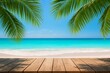 © Acrdesign - Tropical beach with turquoise water palm leaves and wooden deck