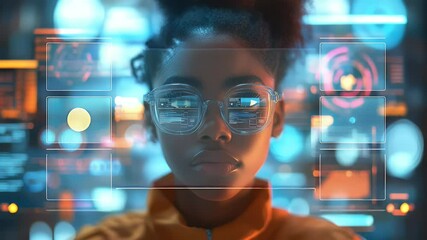 young woman with futuristic glasses, immersed in digital interface