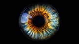 Close-up of a human eye displaying intricate details in vibrant oranges, blues, and yellows against a stark black background.