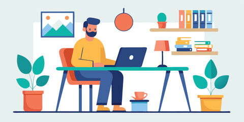 Leinwandbilder - Vector illustration of a person working at a desk in a modern home office with plants and bookshelves, creating a relaxed and productive atmosphere during the day