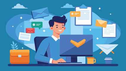Poster - Vector illustration of a person engaged in email management at a desk surrounded by digital communication elements