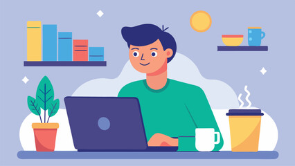 Aufkleber - Vector illustration of a woman working on a laptop in a cozy workspace with plants and decor elements in a pleasant indoor environment during daytime