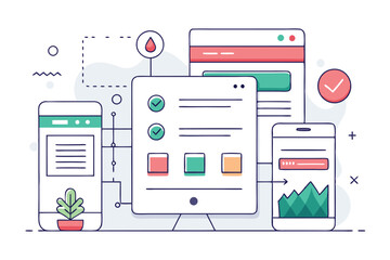 Aufkleber - Vector illustration showcasing a modern computer interface featuring app icons, chat bubbles, and various digital notifications in a clean layout