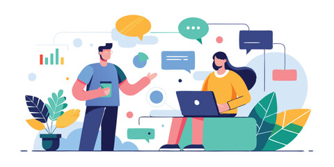 Fototapete - Vector illustration of two professionals discussing ideas in a modern workspace with colorful speech bubbles and plants around