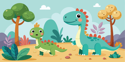 Poster - Cheerful dinosaur standing in a colorful landscape with rocks, plants, and trees, perfect for children's illustrations or educational materials