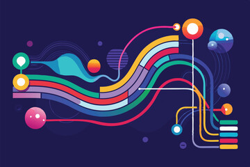 Leinwandbilder - Colorful vector illustration representing data visualization with colorful charts, lines, and geometric shapes on a dark background