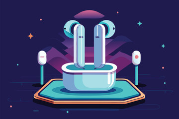 Leinwandbilder - Dynamic vector illustration of a futuristic gadget on a sleek platform, surrounded by glowing cityscape elements at nighttime