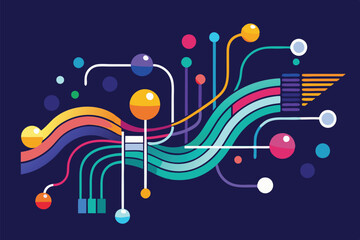 Leinwandbilder - Colorful vector illustration representing data visualization with colorful charts, lines, and geometric shapes on a dark background