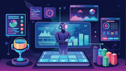 Fototapete - Vector illustration showcasing a futuristic robot analyzing data and charts in a digital environment with vibrant colors and high-tech visuals