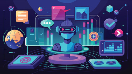 Fototapete - Vector illustration showcasing a futuristic robot analyzing data and charts in a digital environment with vibrant colors and high-tech visuals