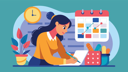 Poster - Vector illustration of a woman organizing her schedule while planning tasks, surrounded by plants, a calendar, and books during a creative working session at home