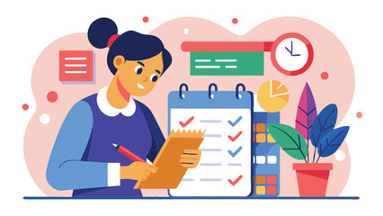 Leinwandbilder - Vector illustration of a woman organizing her schedule while planning tasks, surrounded by plants, a calendar, and books during a creative working session at home