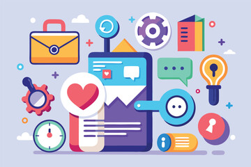 Poster - Colorful vector illustration depicting a mobile device surrounded by various icons representing communication, technology, and productivity in a modern digital environment
