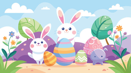 Poster - Colorful vector illustration of friendly rabbits and decorated Easter eggs in a sunny spring landscape