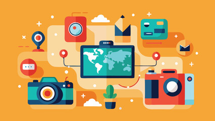 Poster - Vector illustration depicting a digital workspace with cameras, a world map, and various icons representing photography and communication in a colorful design