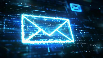 Canvas Print - luminous blue email icon with pulsating light trails in dark background