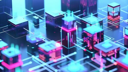 Wall Mural - neon cityscape glows with pink and blue lights in 4k cinematic view