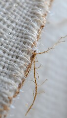 Aufkleber - Extreme Close-up Of Fabric Edge Unraveling, Showing Detail And Texture, A Textile's Integrity Compromised, Fiber Separation. Material Breakdown And Decay, Macro View Of Single Strands.