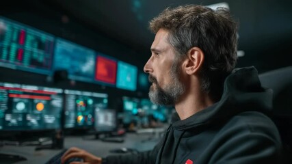 Man monitors screens with complex data, analyzing security information in the control room, working on cybersecurity, and investigating data.