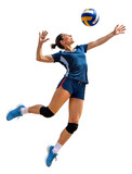 Pro female volleyball athlete mid-jump doing a midair smash on a ball