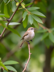 Naklejka na meble Small Common chiffchaff bird perched atop a thin twig in a lush green tree