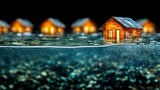 Illuminated Houses Submerged in Rising Water at Night