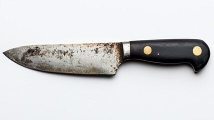 Rusty vintage chef's knife with black handle isolated on white background.