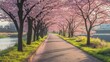 © Nuttaya Nampai - A bicycle path lined with cherry trees along the Kannonjigawa River, bathed in soft spring sunlight.