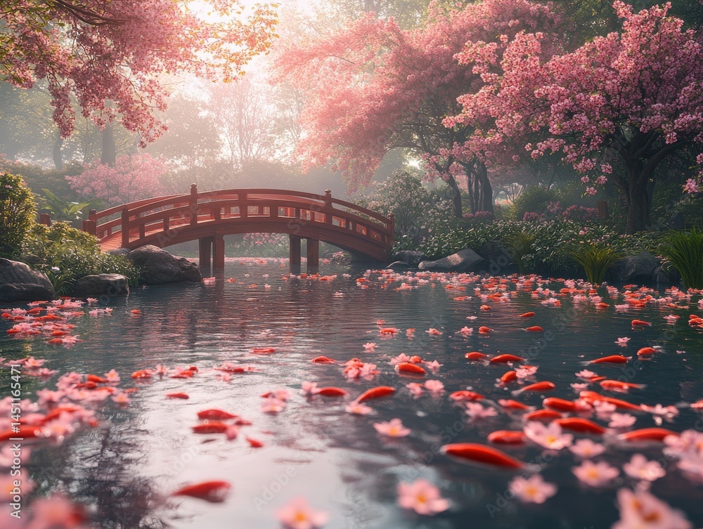 Stock-Foto „Serene Japanese garden with a still koi pond, wooden bridge ...