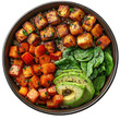 © Raian - Healthy quinoa bowl with tofu sweet potato spinach and avocado for a balanced vegan meal plan idea on transparent background