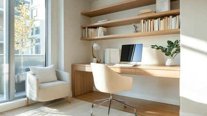 Poster - A modern home office setup featuring a wooden desk chair books and decor. Bright sunlight streams through a large window. Neutral tones create a clean minimalist workspace