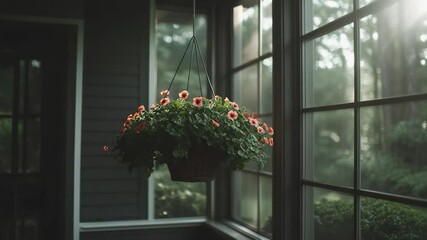 Poster - A hanging basket overflowing with vibrant orange flowers and lush green foliage against a backdrop of window panes and a blurred forest scene with soft lighting