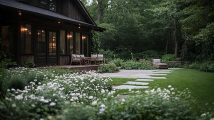 Aufkleber - Exterior view of a wooden house with a patio surrounded by lush greenery. White flowers and a stepping stone path add to the tranquil ambiance