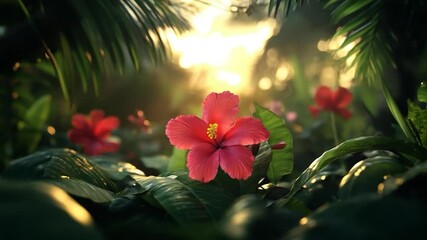 Poster - Vibrant red flower at center in a lush green environment bathed in sunlight. Tropical ambiance with bokeh background