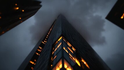 Poster - Low angle shot of a skyscraper against a dramatic, stormy sky. The building's lit windows contrast with the dark facade, creating a sense of scale and isolation