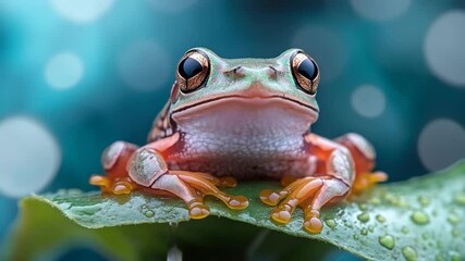Poster - Close up view of a vibrant animal resting on a green leaf covered in water droplets against a soft blue bokeh background