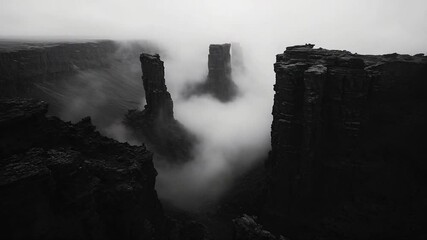 Aufkleber - Dramatic black and white landscape with towering rock formations shrouded in mist evoking a sense of mystery and awe. The cliffs and fog create a captivating, moody scene