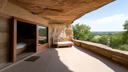 Leinwandbilder - Exterior view of a unique dwelling carved into natural rock formations with an open balcony, a wooden bench and a breathtaking landscape in background