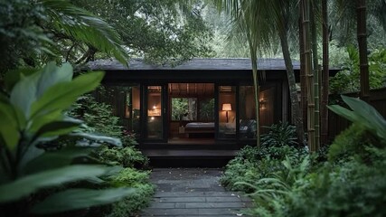 Poster - A tranquil exterior shot of a modern cabin nestled within lush tropical foliage illuminated by soft interior light. The walkway and surrounding plants create a peaceful atmosphere