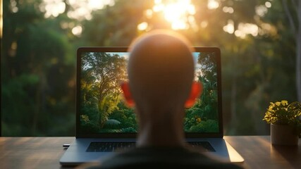 Aufkleber - Person viewing lush forest landscape on computer screen with sunlight streaming through window with a plant on the right. The background is out of focus
