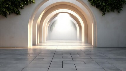 Poster - An architectural interior featuring a series of archways with a light beam illuminating the end. The space is decorated with greenery and tiled floors creating a serene aesthetic