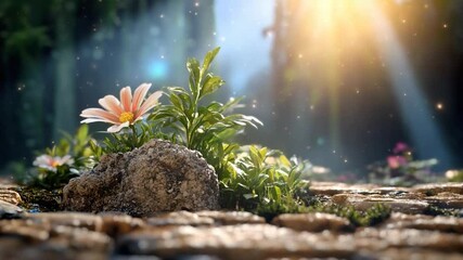 Leinwandbilder - Close up of a flower with pink petals and yellow center grows near a rock in a magical forest with bright sun rays and bokeh effect