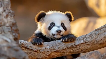 Aufkleber - Charming panda cub clinging to a tree branch illuminated by golden sunlight. Features a fluffy white and black coat with expressive eyes in a soft focus background