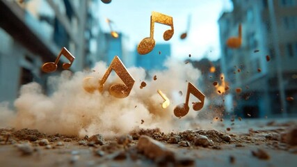 Leinwandbilder - Dusty ground with golden musical notes rising against a blurred city backdrop. Conceptual image of music and sound. Musical notes in mid-air, creating dynamic scene