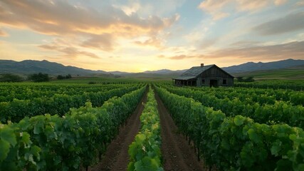 Leinwandbilder - Scenic vineyard rows leading to an aged wooden house with a sunset backdrop featuring golden clouds and mountains