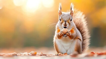 Poster - A charming animal holding a nut against a blurred warm autumn background of golden foliage and sunlight