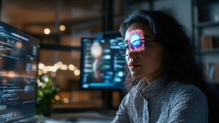 Poster - A woman wearing glasses with a futuristic interface looks at computer screens in a dimly lit office. The scene conveys technology and innovation. She is wearing a collared shirt