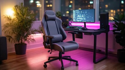 Poster - Modern gaming setup featuring a gray chair desk and a monitor. Lit with pink lighting and city view in the background