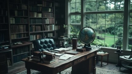 Poster - Elegant library interior with large windows overlooking a lush green landscape. A vintage desk with a globe is the focal point, surrounded by bookshelves and leather chairs
